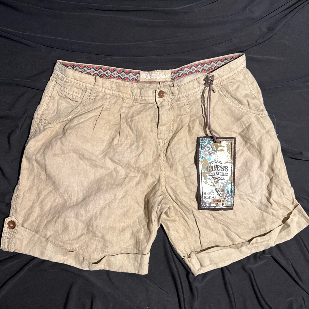New Women’s Guess Khaki Green 100% Linen Long Shorts Size 8 29